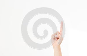 Finger point isolated white background. woman girl hand. Mock up. Copy space. Template. Blank.