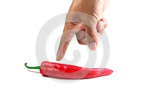 The finger point to red chili on isolated background