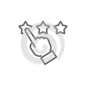 Finger point to stars, customer review, rating, feedback, reputation and quality line icon.