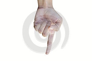 Finger pointing down on white background