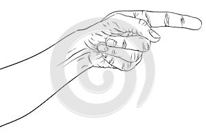 Finger pointing hand, detailed black and white lines vector illustration, hand sign, hand drawn.