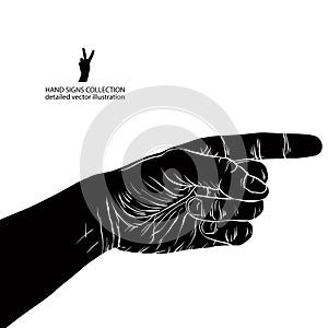 Finger pointing hand, detailed black and white vector illustration, hand sign.