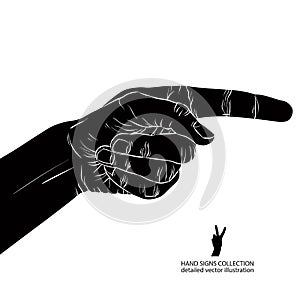 Finger pointing hand, detailed black and white vector illustration, hand sign.