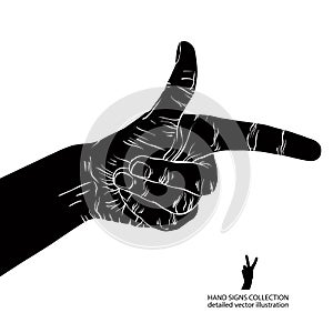 Finger pointing hand, detailed black and white vector illustration, hand sign.