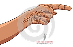 Finger pointing hand, detailed vector illustration