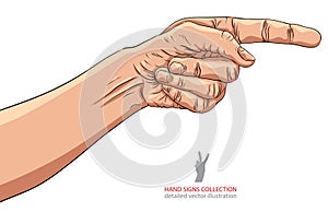 Finger pointing hand, detailed vector illustration, hand sign.
