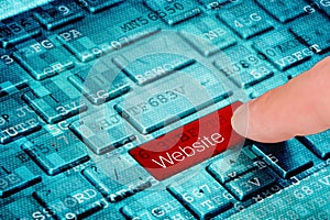 A finger press red Website button on blue digital laptop keyboard
