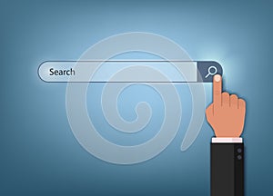 Finger press search icon. Male Hand touch a magnifying glass icon. Vector