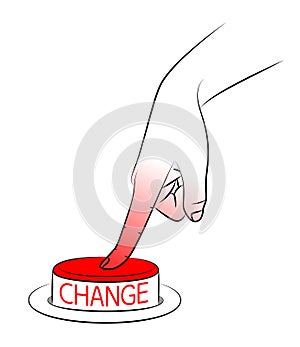 Finger presses CHANGE button. Personal development and career growth. Readiness for changes in life. Decision to start a new life