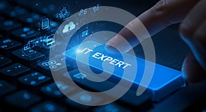It expert pressing button on keyboard for cloud computing and data management solutions online services