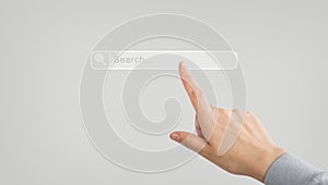 Finger presses the screen to search. Online browser user