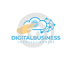 Finger presses on touch screen, cloud server, communication and blockchain, logo design. Digital business, e-commerce, connection