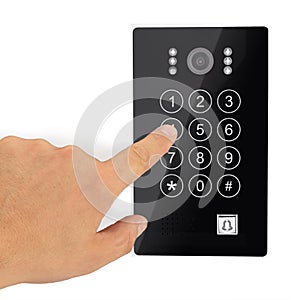 Finger Pressing Code on Security Keypad, Intercom