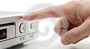 Finger Pressing Eject Button on a Silver Electronic Device