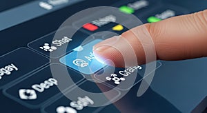 Finger pressing glowing button on digital interface modern technology control panel close-up