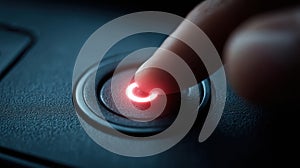 Finger pressing glowing red power button starting device