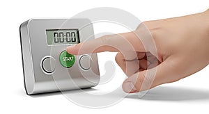 Finger Pressing Green Start Button on a Modern Digital Timer Device