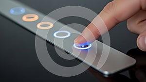 Finger Pressing Illuminated Blue Button on Sleek Silver Panel, Modern Technology