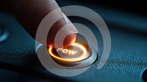 Finger pressing illuminated power button turning on computer