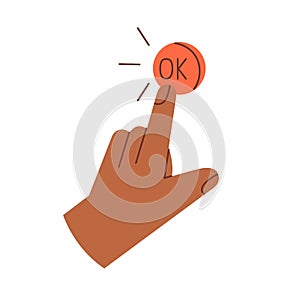 Finger pressing OK button icon. Human hand tapping, clicking Okay, accepting smth. Yes, acceptance, confirmation