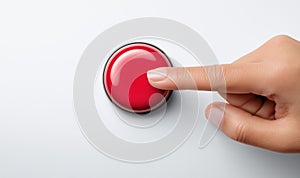 Finger pressing a red button on a white background.