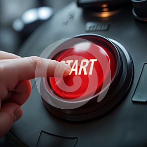 Finger Pressing a Red Start Button