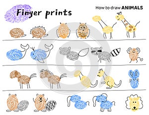 Finger prints art. Task for kids how to make different Animals. photo
