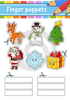 Finger puppets. Activity Game for kids. Christmas theme. Cute characters. Cartoon style. Christmas theme. Color vector