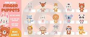 Finger puppets forest animals for paper cut kids activities. Home theater with handmade cartoon toys. Children craft