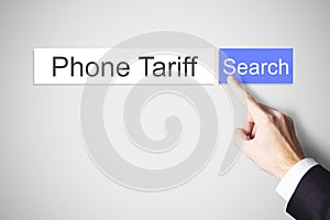 Finger pushing web search button phone tariff