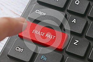 A finger and a red button computer keyboard written with Erase Past