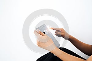 Finger scan icon appears while woman`s finger touched on smart digital tablet on white background.