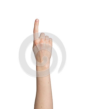Finger showing, indicating up, hand gesture isolated on white background
