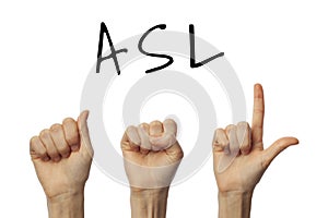 Finger spelling abbreviation ASL on white background. American Sign Language concept