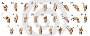 Finger spelling American Sign Language Alphabet on white background. ASL concept