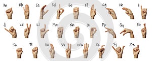 Finger spelling American Sign Language Alphabet on white background. ASL concept photo