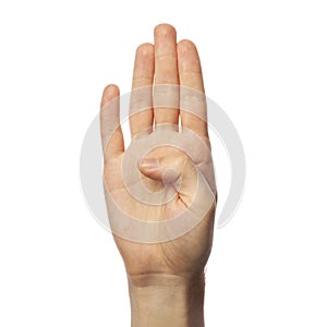 Finger spelling letter B in Sign Language on white background. ASL concept