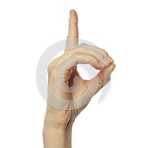Finger spelling letter D in American Sign Language on white background. ASL concept