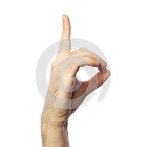 Finger spelling letter D in Sign Language on white background. ASL concept