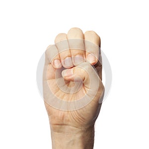 Finger spelling letter E in Sign Language on white background. ASL concept