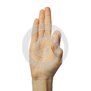 Finger spelling letter F in American Sign Language on white background. ASL concept