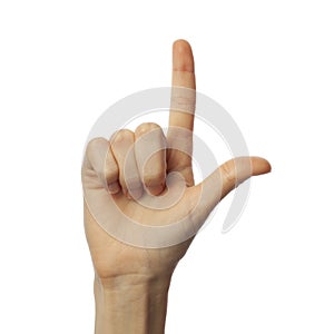 Finger spelling letter L in American Sign Language on white background. ASL concept
