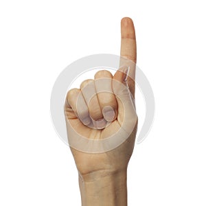 Finger spelling number 1 in Sign Language on white background. ASL concept