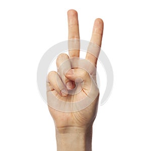 Finger spelling number 2 in Sign Language on white background. ASL concept