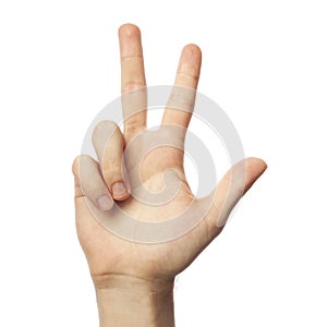 Finger spelling number 3 in Sign Language on white background. ASL concept