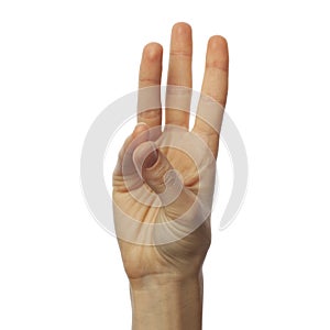 Finger spelling number 6 in Sign Language on white background. ASL concept