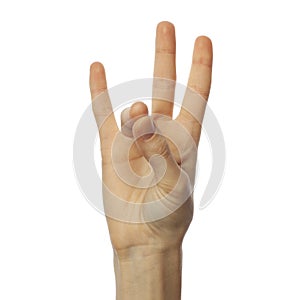 Finger spelling number 7 in Sign Language on white background. ASL concept