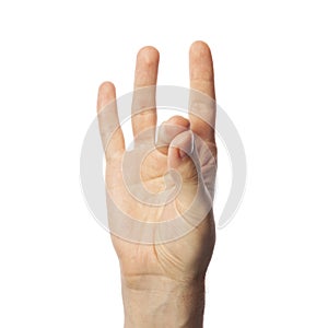 Finger spelling number 8 in Sign Language on white background. ASL concept