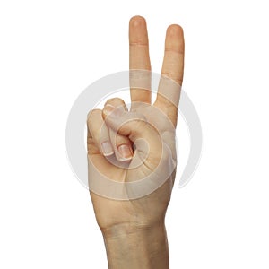 Finger spelling number 2 in Sign Language on white background. ASL concept