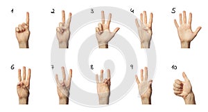 Finger spelling numbers from 1 to 10 in American Sign Language. ASL concept
